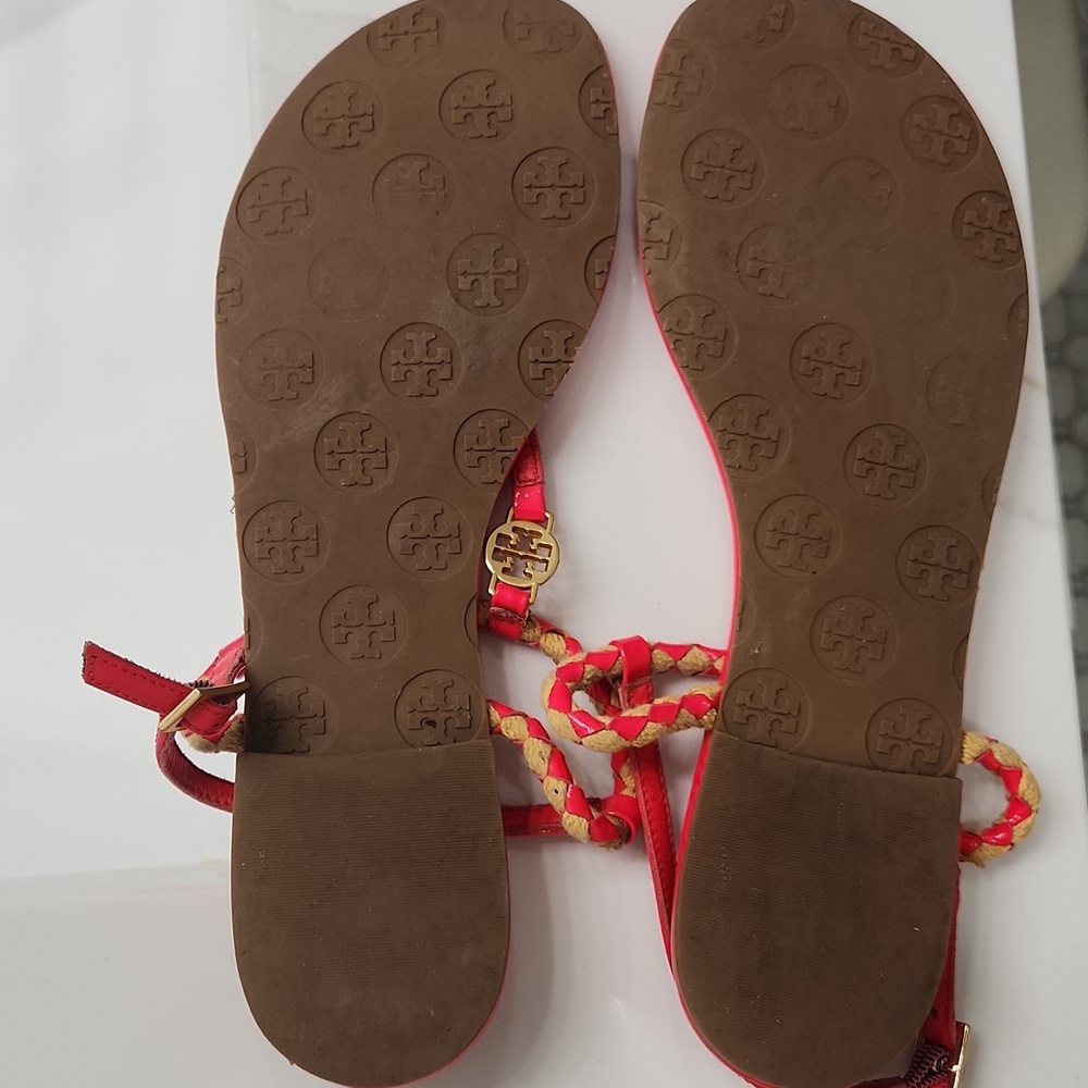 Tory Burch Bright Red Braided Thong Sandals with Gold Logo - Picture 8 of 12